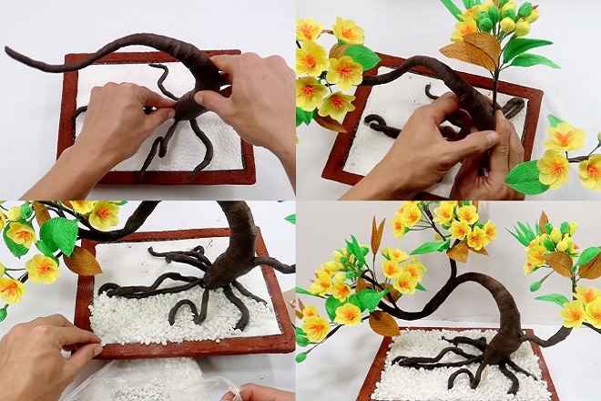 cách làm cây mai giả ngày tết từ giấy nhún dáng bonsai